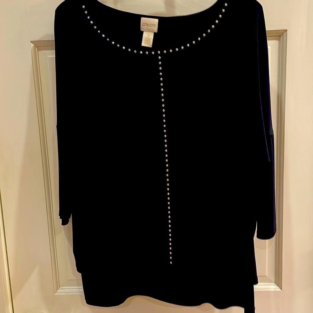 Chico’s Size 2 ( 12/14) Navy Studded Top with Raglan 3/4 Sleeves.